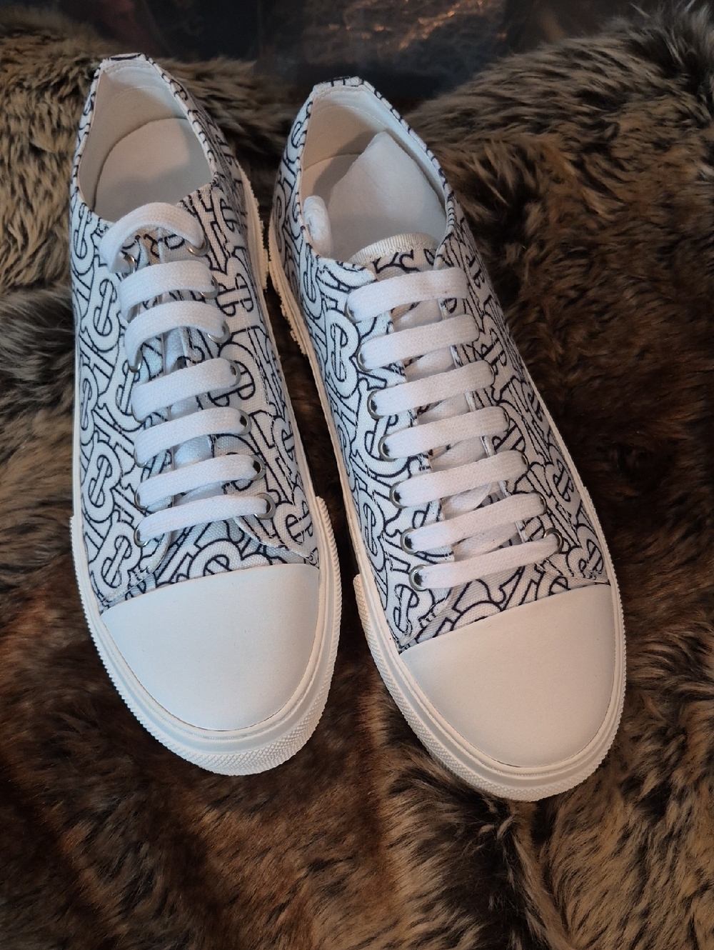 Burberry White Canvas Sneakers with Black Monogram